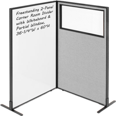 Interion® 2-Panel Corner Room Divider with Whiteboard & Partial Window, 36-1/4"W x 60"H, Gray