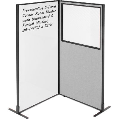 Interion® 2-Panel Corner Room Divider with Whiteboard & Partial Window, 36-1/4"W x 72"H, Gray