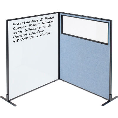 Interion® 2-Panel Corner Room Divider with Whiteboard & Partial Window, 48-1/4"W x 60"H, Blue