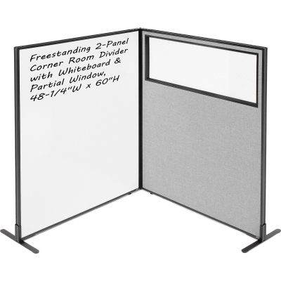Interion® 2-Panel Corner Room Divider with Whiteboard & Partial Window, 48-1/4"W x 60"H, Gray
