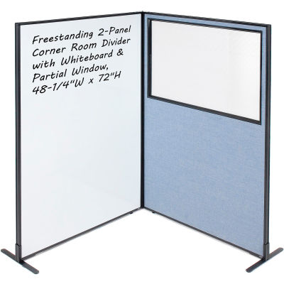 Interion® 2-Panel Corner Room Divider with Whiteboard & Partial Window, 48-1/4"W x 72"H, Blue