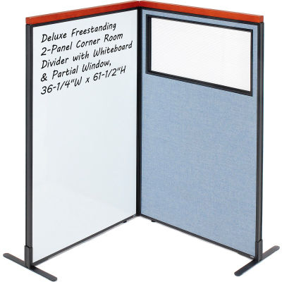 Interion® Deluxe Freestanding 2-Panel Corner w/Whiteboard & Partial Window 36-1/4Wx61-1/2H Blue