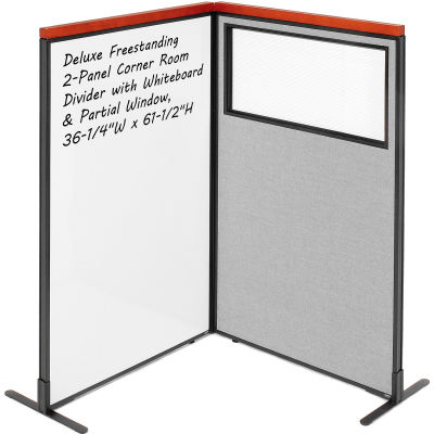 Interion® Deluxe Freestanding 2-Panel Corner w/Whiteboard & Partial Window 36-1/4Wx61-1/2H Gray