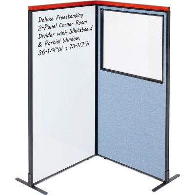 Interion® Deluxe Freestanding 2-Panel Corner w/Whiteboard & Partial Window 36-1/4Wx73-1/2H Blue