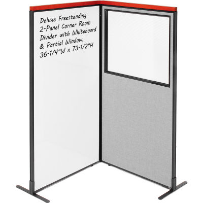 Interion® Deluxe Freestanding 2-Panel Corner w/Whiteboard & Partial Window 36-1/4Wx73-1/2H Gray