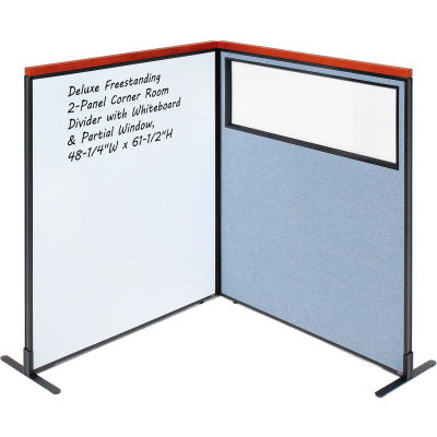 Interion® Deluxe Freestanding 2-Panel Corner w/Whiteboard & Partial Window 48-1/4Wx61-1/2H Blue
