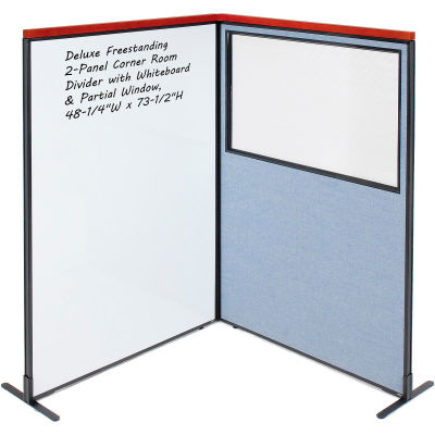 Interion® Deluxe Freestanding 2-Panel Corner w/Whiteboard & Partial Window 48-1/4Wx73-1/2H Blue