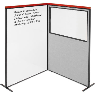Interion® Deluxe Freestanding 2-Panel Corner w/Whiteboard & Partial Window 48-1/4Wx73-1/2H Gray