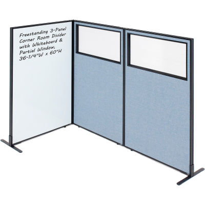 Interion® 3-Panel Corner Room Divider with Whiteboard & Partial Window, 36-1/4"W x 60"H, Blue