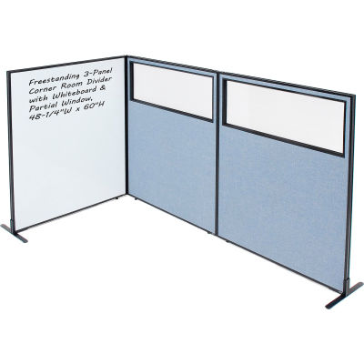 Interion® 3-Panel Corner Room Divider with Whiteboard & Partial Window, 48-1/4"W x 60"H, Blue