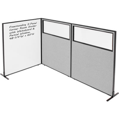 Interion® 3-Panel Corner Room Divider with Whiteboard & Partial Window, 48-1/4"W x 60"H, Gray