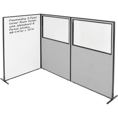 Interion® 3-Panel Corner Room Divider with Whiteboard & Partial Window, 48-1/4"W x 72"H, Gray