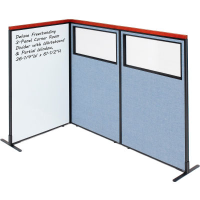 Interion® Deluxe Freestanding 3-Panel Corner w/Whiteboard & Partial Window 36-1/4Wx61-1/2H Blue