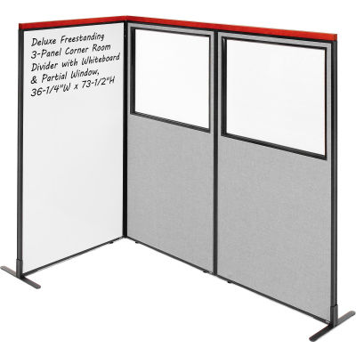 Interion® Deluxe Freestanding 3-Panel Corner w/Whiteboard & Partial Window 36-1/4Wx73-1/2H Gray