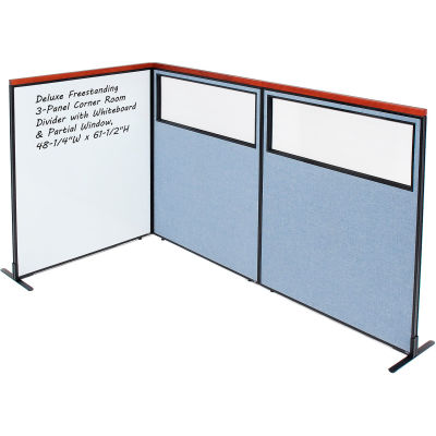 Interion® Deluxe Freestanding 3-Panel Corner w/Whiteboard & Partial Window 48-1/4Wx61-1/2H Blue