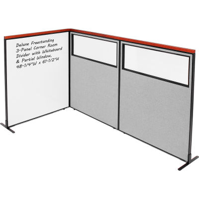 Interion® Deluxe Freestanding 3-Panel Corner w/Whiteboard & Partial Window 48-1/4Wx61-1/2H Gray