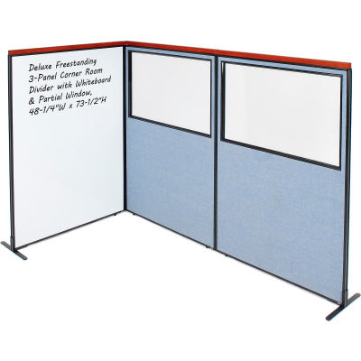 Interion® Deluxe Freestanding 3-Panel Corner w/Whiteboard & Partial Window 48-1/4Wx73-1/2H Blue
