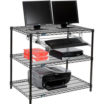 Nexel 3-Shelf Wire Computer LAN Workstation with Keyboard Tray, 36"W x 24"D x 34"H, Black