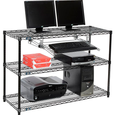 Nexel 3-Shelf Wire Computer LAN Workstation with Keyboard Tray, 48"W x 18"D x 34"H, Black