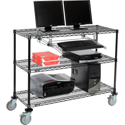 Nexel 3-Shelf Mobile Wire Computer LAN Workstation w/Keyboard Tray, 48"W x 18"D x 40"H, Black