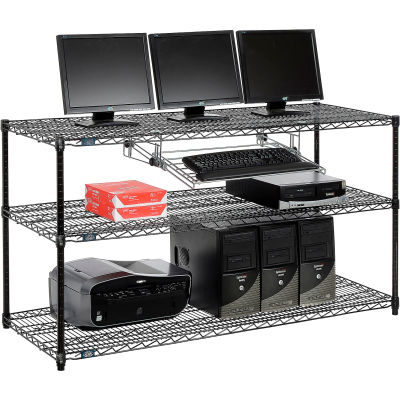 Nexel 3-Shelf Wire Computer LAN Workstation with Keyboard Tray, 60"W x 24"D x 34"H, Black