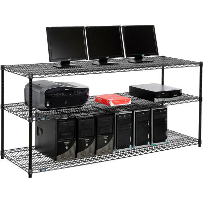 Nexel 3-Shelf Wire Computer LAN Workstation, 72"W x 24"D x 34"H, Black