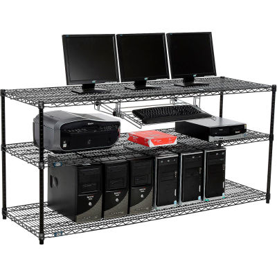 Nexel 3-Shelf Wire Computer LAN Workstation with Keyboard Tray, 72"W x 24"D x 34"H, Black