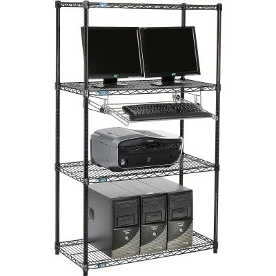 Nexel 4-Shelf Wire Computer LAN Workstation with Keyboard Tray, 36"W x 18"D x 63"H, Black