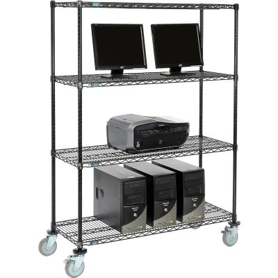 Nexel 4-Shelf Mobile Wire Computer LAN Workstation, 48"W x 18"D x 69"H, Black