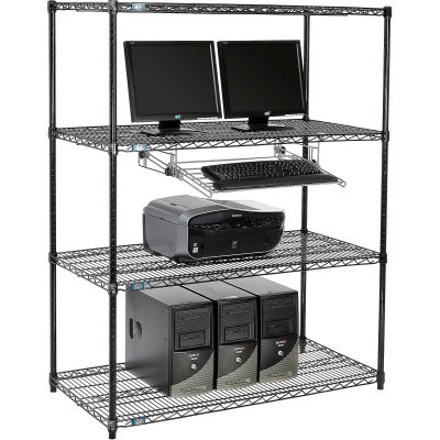 Nexel 4-Shelf Wire Computer LAN Workstation with Keyboard Tray, 48"W x 24"D x 63"H, Black