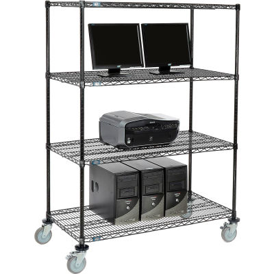 Nexel 4-Shelf Mobile Wire Computer LAN Workstation, 48"W x 24"D x 69"H, Black