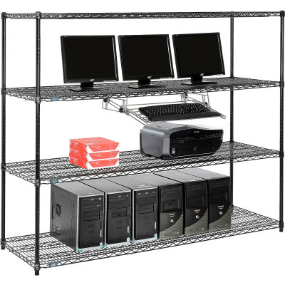 Nexel 4-Shelf Wire Computer LAN Workstation with Keyboard Tray, 72"W x 24"D x 63"H, Black