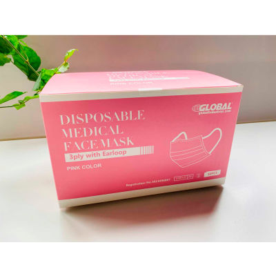 Disposable Medical Face Masks, 3-Ply With Earloops, Individually Wrapped, Pink, 50/Box