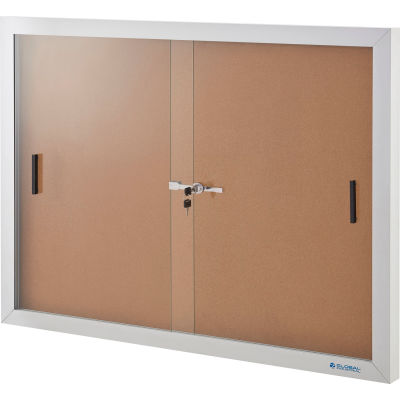 Global Industrial™ Enclosed Cork Bulletin Board with Sliding Doors, 48"W x 36"H