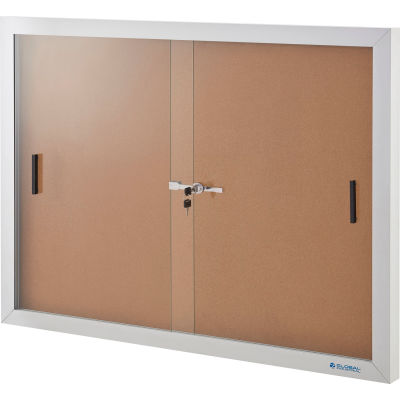 Global Industrial Enclosed Cork Bulletin Board with Sliding Doors, 48"W x 36"H