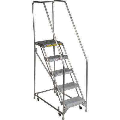 5 Step Aluminum Rolling Ladder, 24"W Ribbed Step, 30" Handrails - WLAR105244