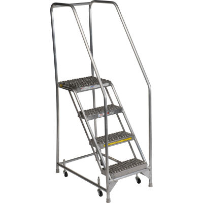 4 Step Aluminum Rolling Ladder, 24"W Grip Step, 30" Handrails - WLAR104245