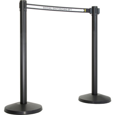 Retractable Belt Barrier, 40" Black Post, 13' Black "Social Distancing 6 Ft" Belt - Pkg Qty 2