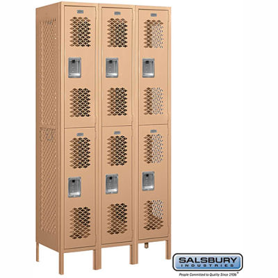 Vented Metal Locker 72368 - Double Tier 3 Wide 12"W x 18"D x 36"H Tan Assembled