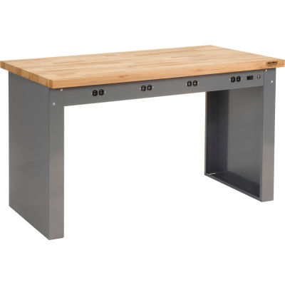 Global Industrial™ Panel Leg Workbench w/Maple Square Edge Top & Power Apron, 72"W x 36"D, Gray