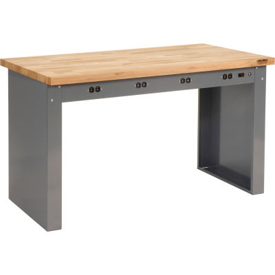Global Industrial Panel Leg Workbench w/Maple Square Edge Top & Power Apron, 72"W x 36"D, Gray