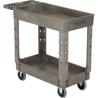 Global Industrial Tray Top Plastic Utility Cart, 2 Shelf, 38"Lx17-1/2"W, 5" Casters, Gray