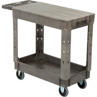 Global Industrial Flat Top Plastic Utility Cart, 2 Shelf, 38"Lx17-1/2"W, 5" Casters, Gray