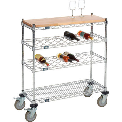 Mobile Wine Display Unit, 4 Tier, Chrome, Wood Top, 14"W, x 48"L, x 34"H