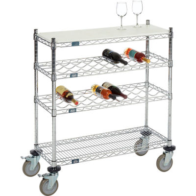 Mobile Wine Display Unit, 4 Tier, Chrome, Cutting Board Top, 14"W, x 36"L, x 34"H