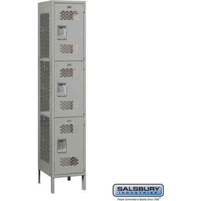 Triple Tier 3 Door Extra Wide Vented Metal Locker, 15"Wx18"Dx24"H, Gray, Assembled