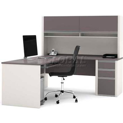 Bestar® L Desk with Hutch & Pedestal - 71"- Slate & Sandstone - Connexion Series
