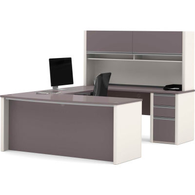 Bestar® U Desk with Hutch & Pedestal - 71" - Slate & Sandstone - Connexion Series
