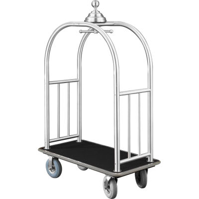 Glaro Ball Crown Bellman Cart 48x25 Satin Aluminum Black Carpet, 4 Gray Pneu Wheels
