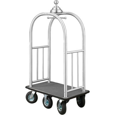 Glaro Ball Crown Bellman Cart 40x25 Satin Aluminum Gray Carpet, 6 Black Pneu Wheels